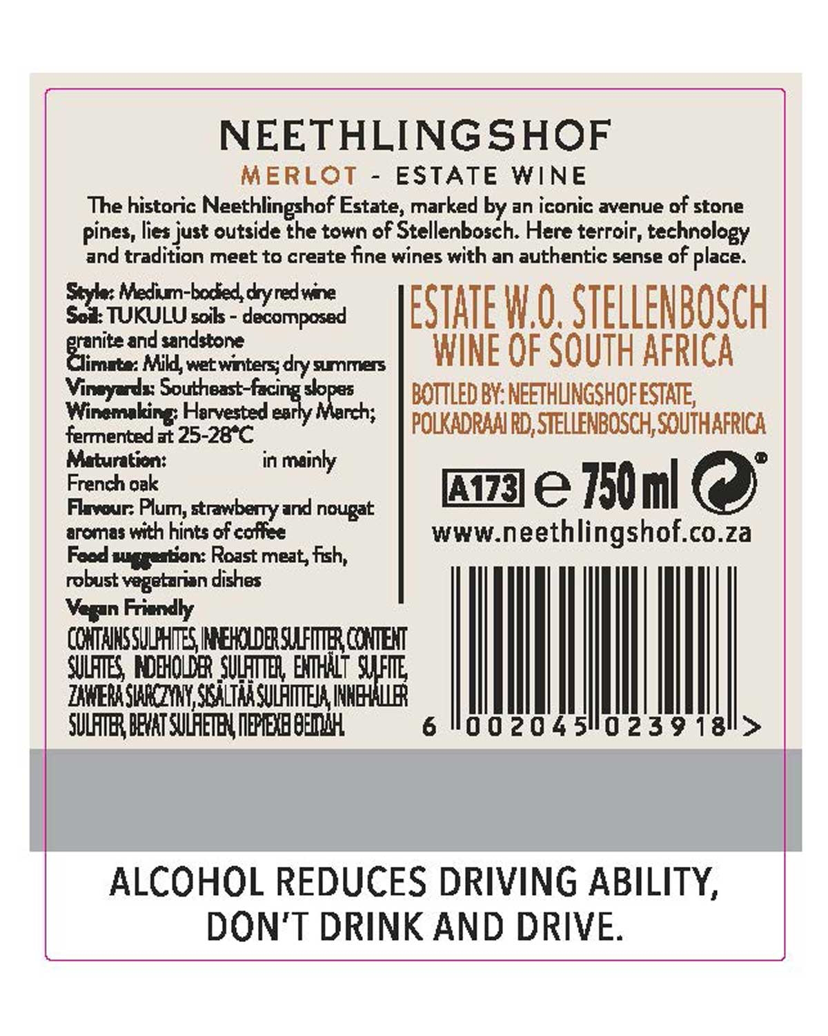 Weinetikett für den Neethlingshof Merlot mit Angaben zum Weingut, Verkostungsnotizen, Abfüller, Volumen (750ml), Alkoholgehalt (14%) und einem Warnhinweis: Alkohol vermindert die Fahrtüchtigkeit, nicht trinken und fahren.