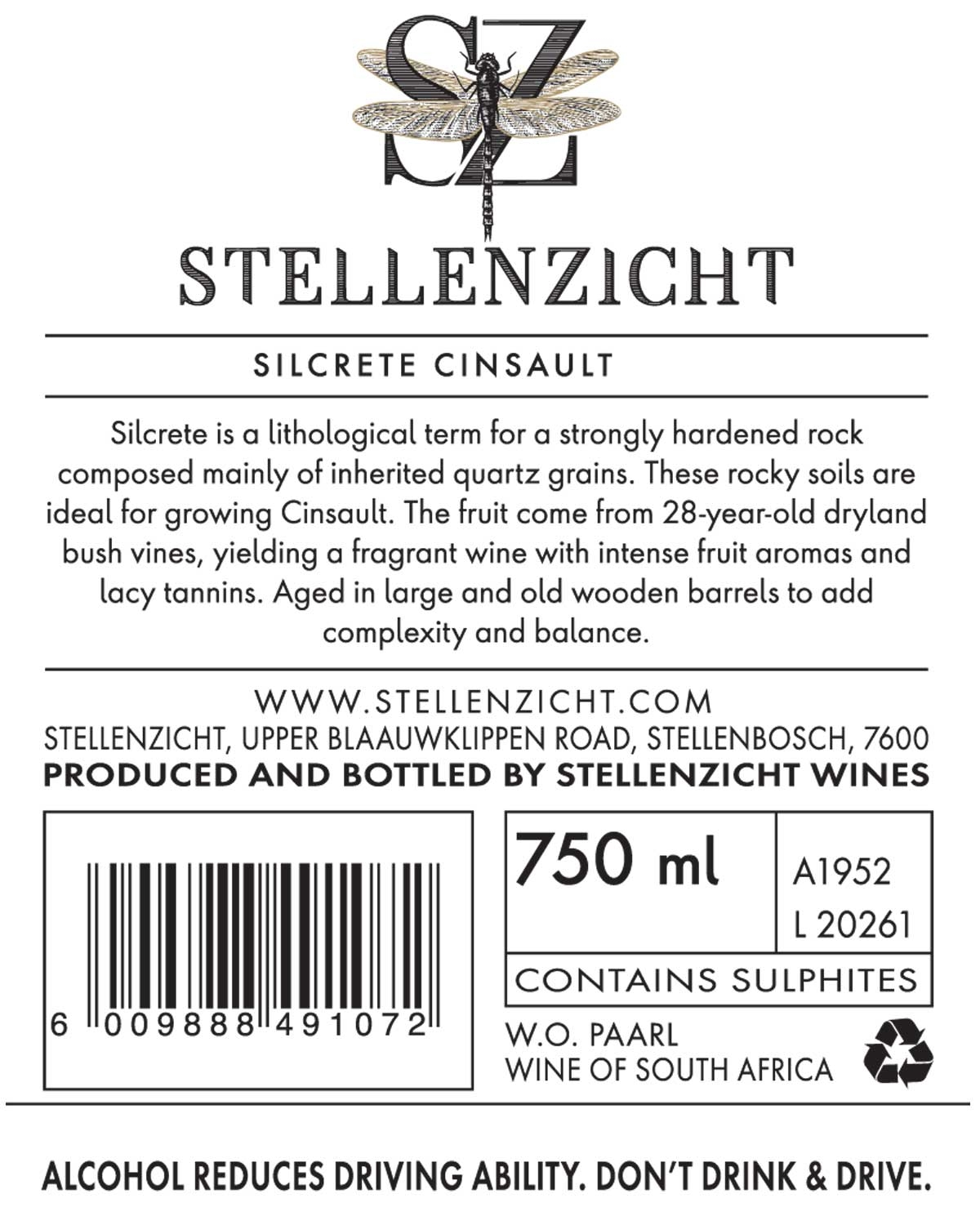 Weinetikett für Stellenzicht Silcrete Cinsault. Mit Libellenlogo, Angaben zur Herkunft des Weins, Barcode, 750-ml-Volumen, Jahrgangskennzeichen, Sulfithinweis und einer Botschaft: Alkohol beeinträchtigt die Fahrtüchtigkeit. Don't drink & drive.