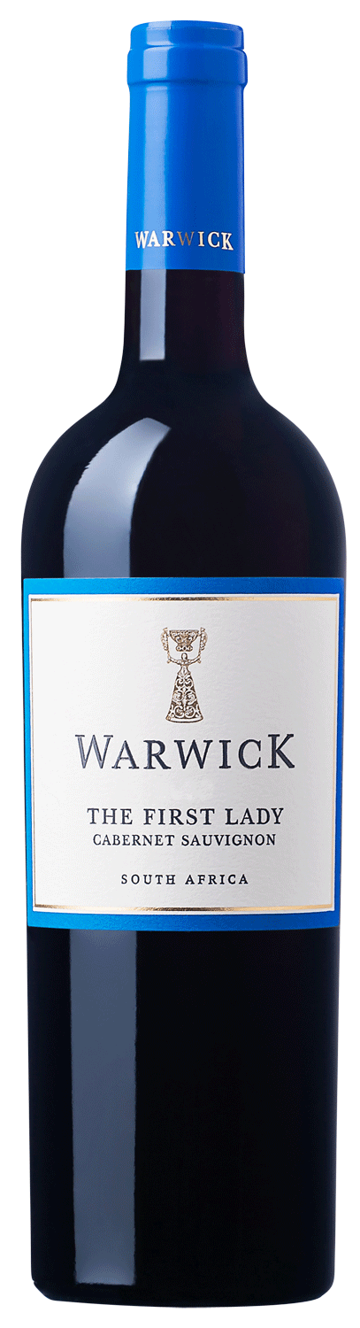 Eine Flasche Warwick The First Lady Cabernet Sauvignon Wein aus Südafrika mit blauem Verschluss und weißem Etikett mit blauem Rand und goldenen Akzenten.