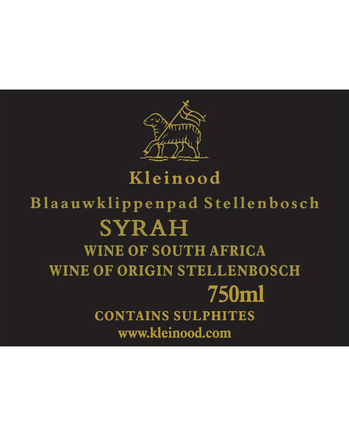 Weinetikett mit einer goldenen Schafsillustration und Text: Kleinood Blaauwklippenpad Stellenbosch SYRAH Wine of South Africa Wine of Origin Stellenbosch 750ml Enthält Sulfite www.kleinood.com auf schwarzem Hintergrund.