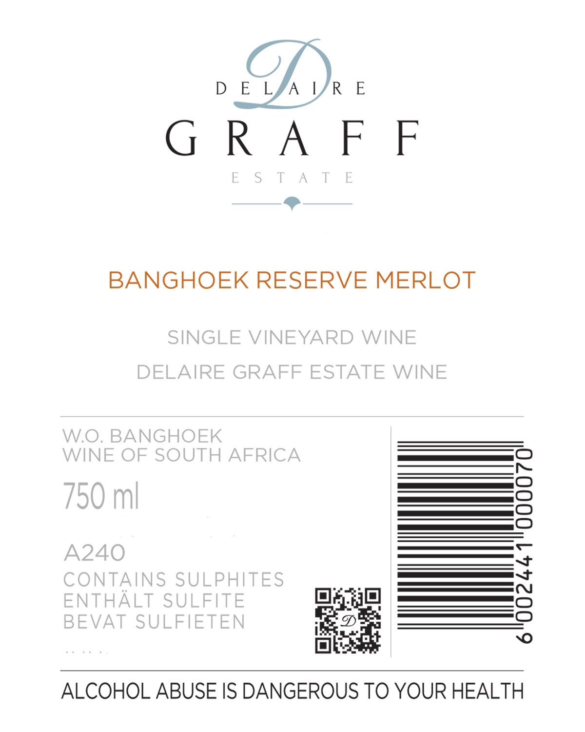 Eine Flasche Delaire Graff Estate Banghoek Reserve Merlot Wein mit einem Goldfolienverschluss und einem strukturierten weißen Etikett mit eleganter silberner und goldener Schrift.