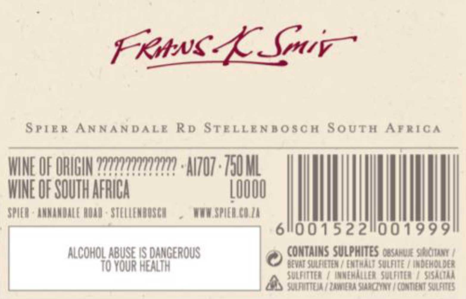 Weinflaschenetikett von Frans K. Smit, Spier Annandale Rd, Stellenbosch, Südafrika, mit Strichcode, Gesundheitswarnung vor Alkohol und Angaben zum Sulfitgehalt; einige Herkunftsangaben sind unleserlich.