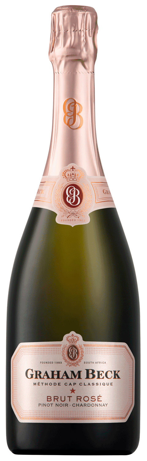 Eine Flasche Graham Beck Brut Rosé Sekt mit einem rosafarbenen Foliendach und einem weiß-rosafarbenen Etikett mit goldenen Akzenten und Branding auf einem schlichten weißen Hintergrund.