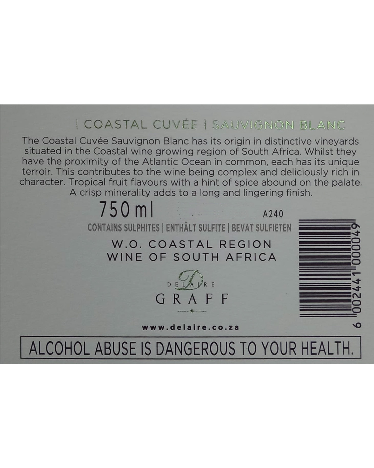 Weinetikett für Delare Graff Coastal Cuvée Sauvignon Blanc. Der Text beschreibt die Aromen und die Herkunft des Weins in Südafrika, enthält das Flaschenvolumen (750 ml), den Strichcode und eine Gesundheitswarnung: "Alkoholmissbrauch ist gefährlich f