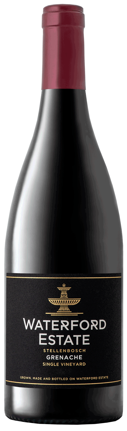 Eine Flasche Waterford Estate Stellenbosch Grenache Wein mit rotem Folienverschluss und schwarzem Etikett mit goldener und weißer Schrift und goldenem Emblem.