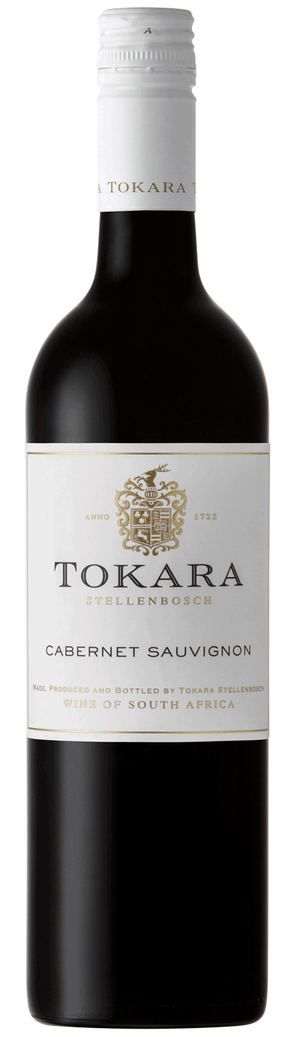 Eine Flasche Tokara Stellenbosch Cabernet Sauvignon aus Südafrika mit einem weißen Etikett mit goldener und schwarzer Schrift und einem goldenen Emblem im oberen Bereich.