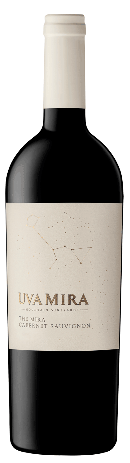 Eine Weinflasche mit der Aufschrift Uva Mira Mountain Vineyards The Mira Cabernet Sauvignon mit einem minimalistischen Design, das eine Sternbildgrafik auf einem cremefarbenen Etikett zeigt.