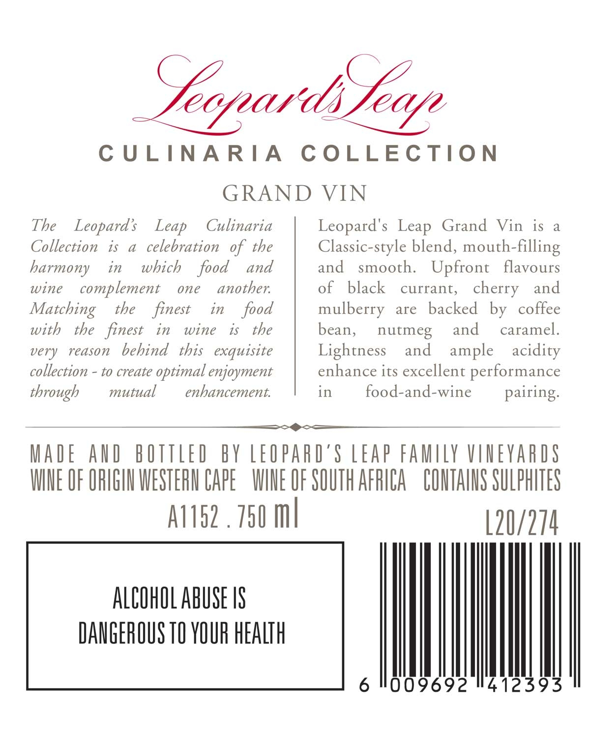 Weinflaschenetikett für Leopards Leap Culinaria Grand Vin mit einer Beschreibung des Geschmacks, der Kombination mit Lebensmitteln und Warnhinweisen zum Alkoholgehalt. Der Text enthält Herkunft, Volumen, Barcode und Gesundheitswarnung: Alkoholmissbrauch