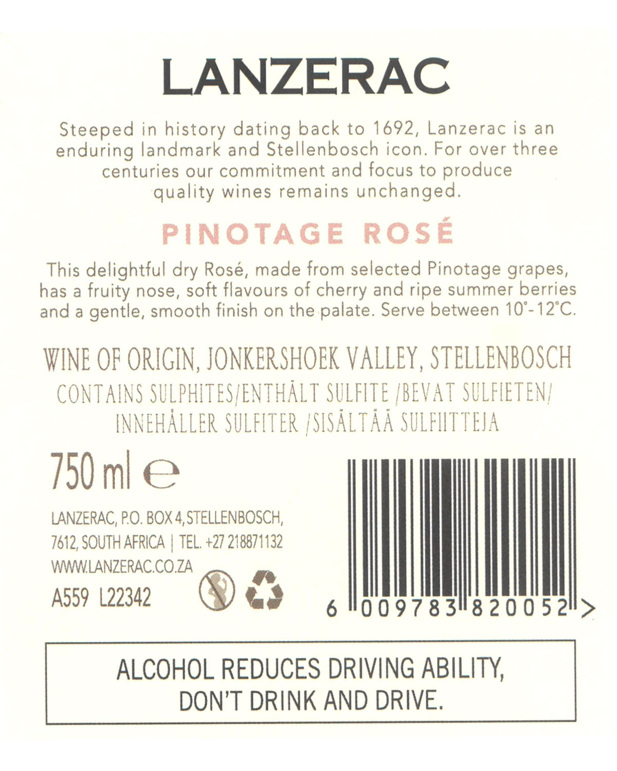 Ein Weinetikett für Lanzerac Pinotage Rosé mit einer Beschreibung der Herkunft, der Geschmacksnoten und der Servierempfehlungen. Enthält Warnhinweise zu Alkohol, Volumen (750 ml) und Herkunft in Stellenbosch, Südafrika.