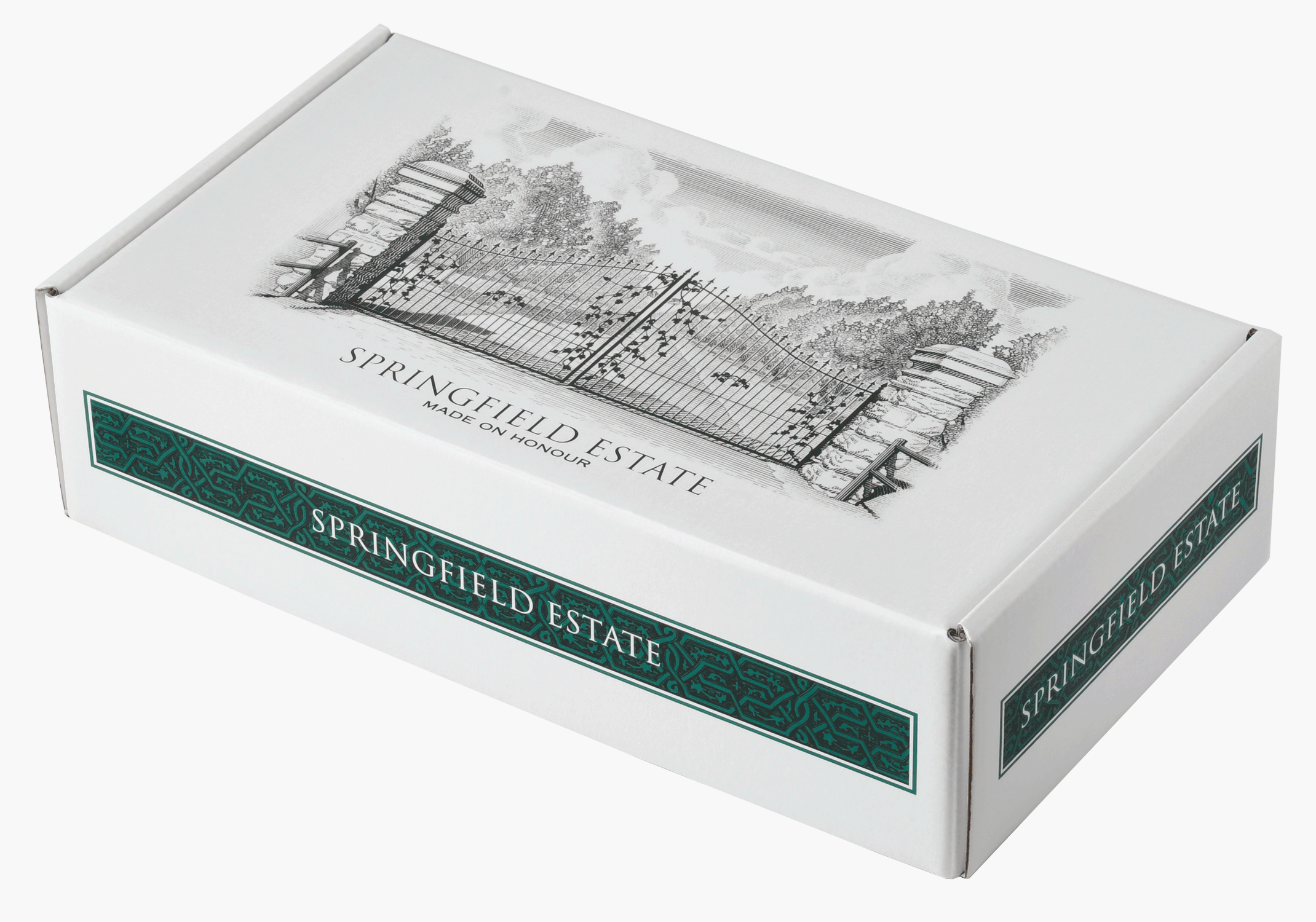 Zwei Flaschen Springfield Estate-Wein - eine rote (The Work of Time) und eine weiße (Life from Stone Sauvignon Blanc) - stehen vor einer dekorativen Springfield Estate-Geschenkbox mit einer Illustration eines Tors und eines Weinbergs.