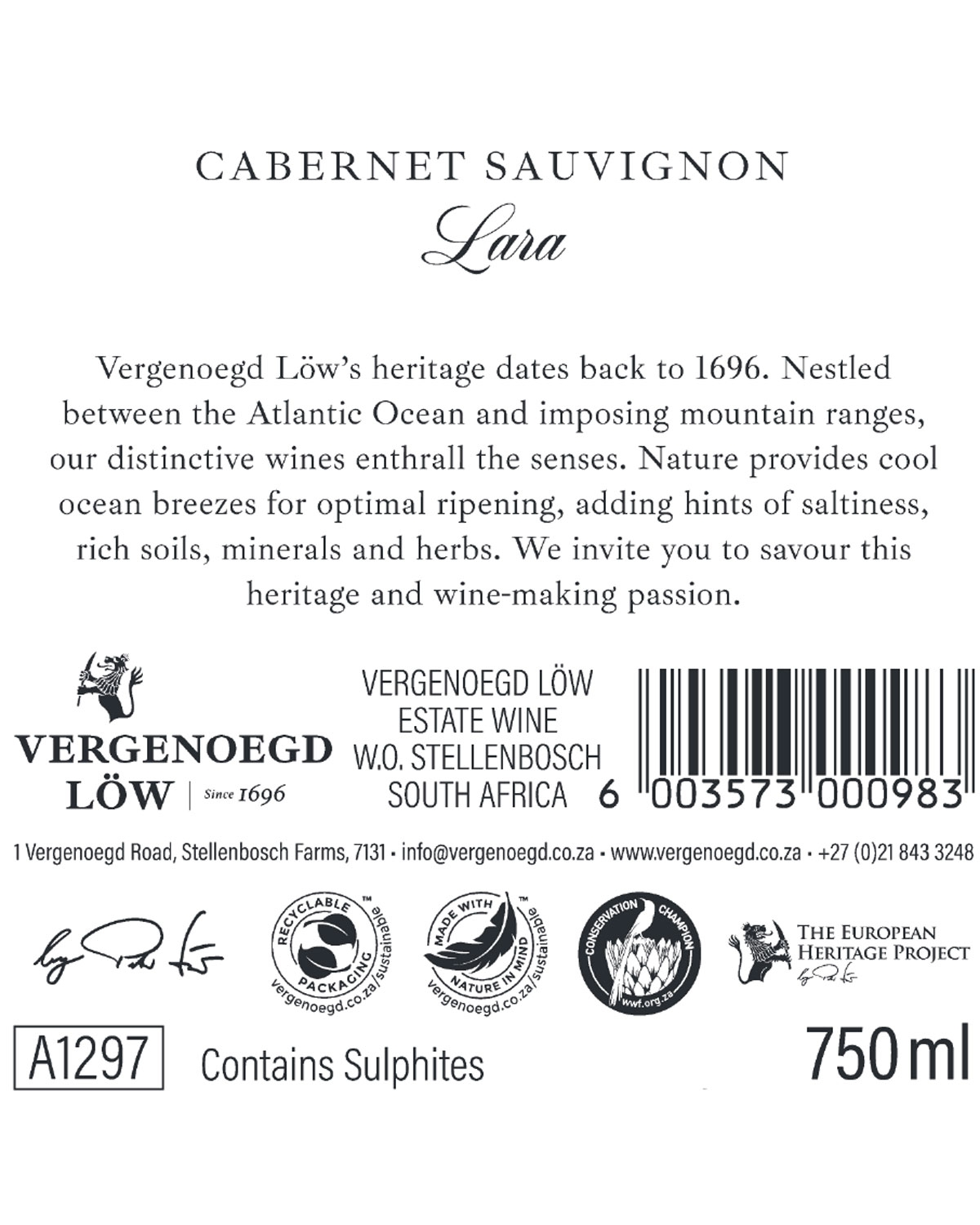 Vergenoegd Löw Lara Cabernet Sauvignon 2022