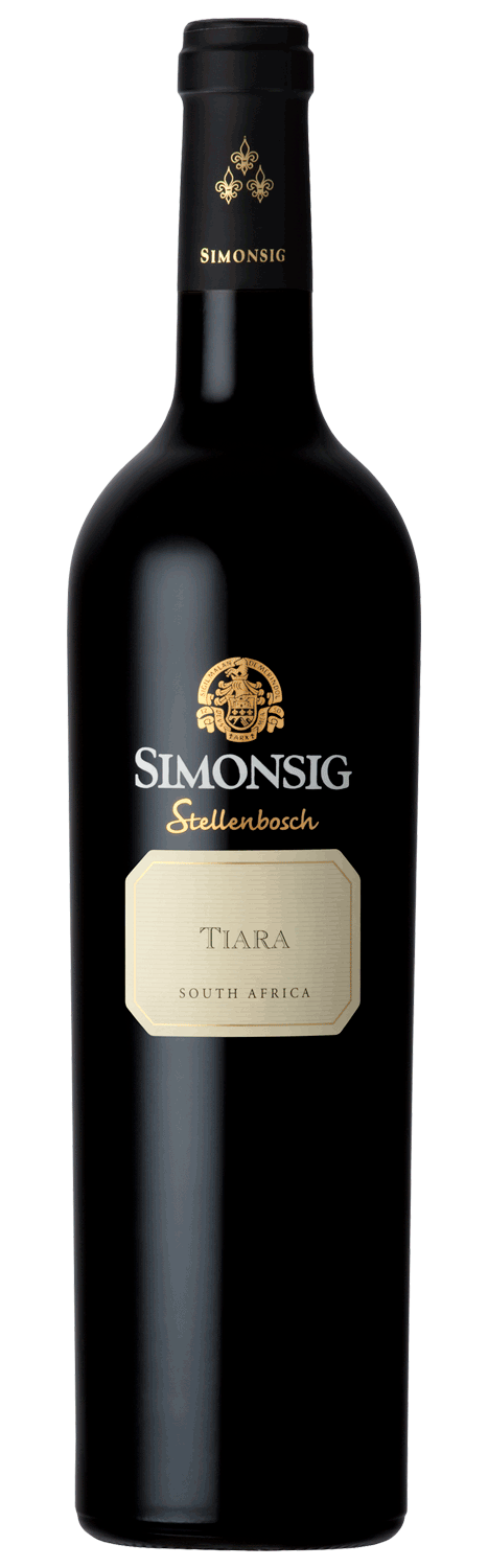 Eine dunkle Glasflasche von Simonsig Stellenbosch Tiara Rotwein aus Südafrika, mit einem goldenen und cremefarbenen Etikett mit dem Logo und Namen des Winzers.