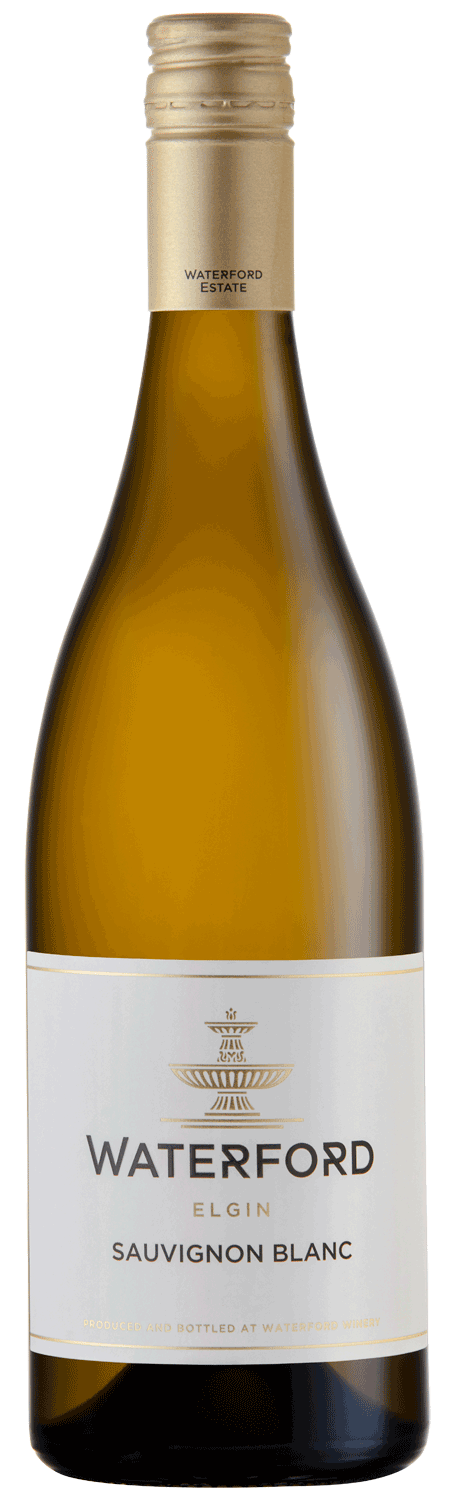 Eine Flasche Waterford Elgin Sauvignon Blanc mit goldfarbenem Verschluss und weißem Etikett mit Waterford-Logo und Text.