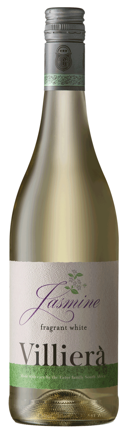 Eine Flasche Villiera Jasmin duftenden Weißwein, mit einer blassgrünen Kappe und einem cremefarbenen Etikett mit lila und grünen Text und floralen Akzenten. Der Wein im Inneren ist hellgelb in der Farbe.