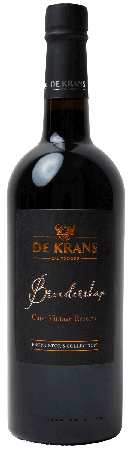 Eine Flasche De Krans Broederskap Cape Vintage Reserve aus dunklem Glas mit einem schwarz-orangefarbenen Etikett mit goldener Schrift und der Aufschrift Proprietors Collection am unteren Rand.