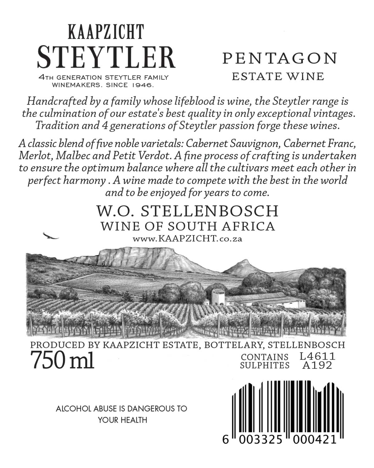 Eine Flasche Kaapzicht Steytler Pentagon Rotwein mit schwarzem Verschluss und cremefarbenem Etikett, auf dem der Name, das Weingut und der Jahrgang angegeben sind.