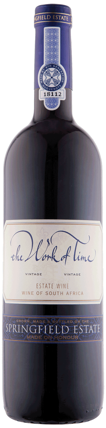 Eine Flasche Springfield Estate's "The Work of Time" Vintage Rotwein aus Südafrika, mit einem cremefarbenen Etikett mit eleganter blauer Schrift und einem blauen Foliendach mit dem Logo des Weinguts.
