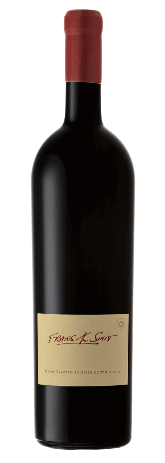 Eine Weinflasche aus dunklem Glas mit einem roten Wachssiegel auf dem Deckel und einem cremefarbenen Etikett mit der Aufschrift Francis K. Smit und Hand Crafted by Spier South Africa.
