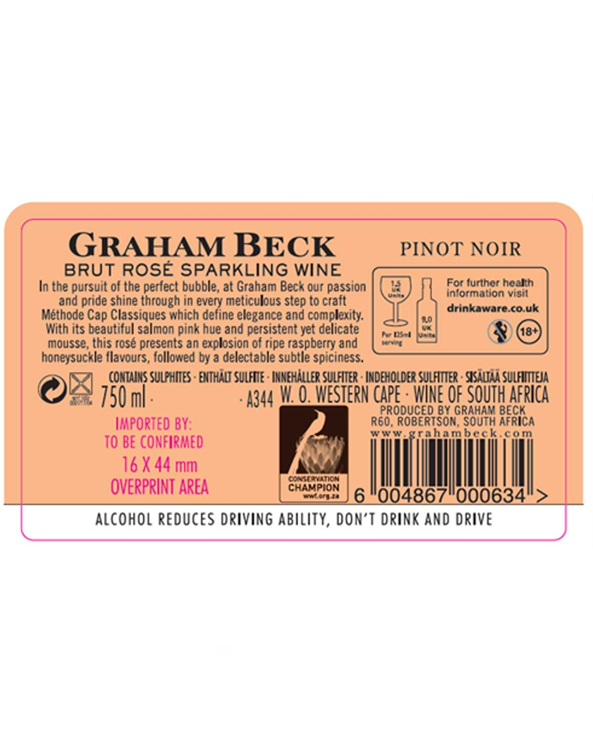 Etikett für Graham Beck Brut Rosé Schaumwein, Pinot Noir, mit Angaben zu Produkt und Importeur, Verkostungsnotizen, Allergenen, Barcode und einem Warnhinweis: Alkohol beeinträchtigt die Fahrtüchtigkeit, nicht trinken und fahren.