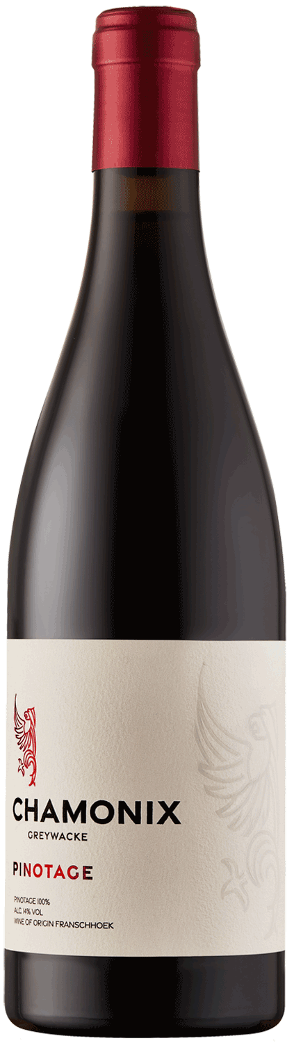 Eine Flasche Chamonix Greywacke Pinotage-Wein mit rotem Folienverschluss und cremefarbenem Etikett mit rotem Wappen, schwarzem und rotem Text und dezenten Prägeelementen.