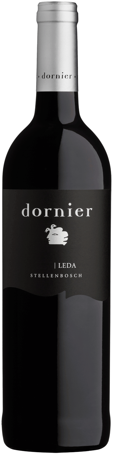 Eine Flasche Dornier-Wein mit der Aufschrift LEDA Stellenbosch in schwarz-silbernem Design, mit dem Markennamen und einem kleinen Emblem auf der Vorderseite.