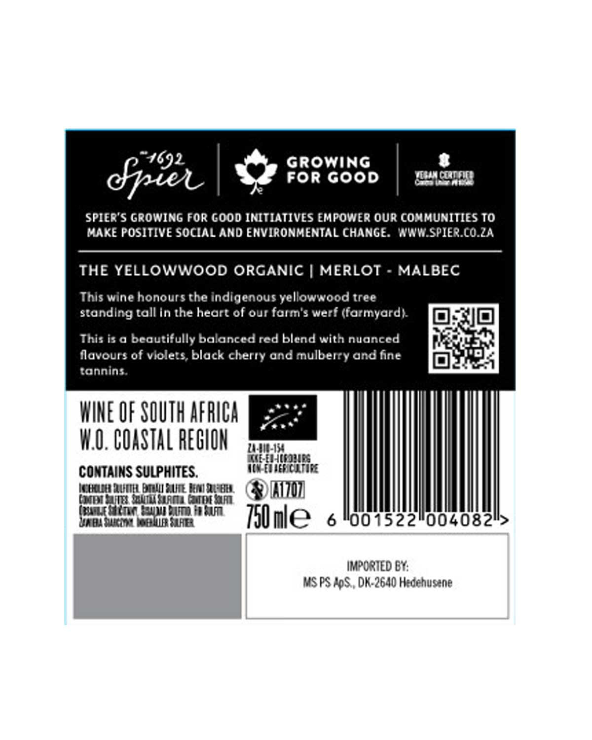 Weinflaschenetikett für Spier's Yellowwood Organic Merlot-Malbec. Enthält Text über den Wein, einen QR-Code, einen Strichcode, Zertifizierungen sowie vegane und Bio-Logos auf schwarzem, weißem und silbernem Hintergrund.
