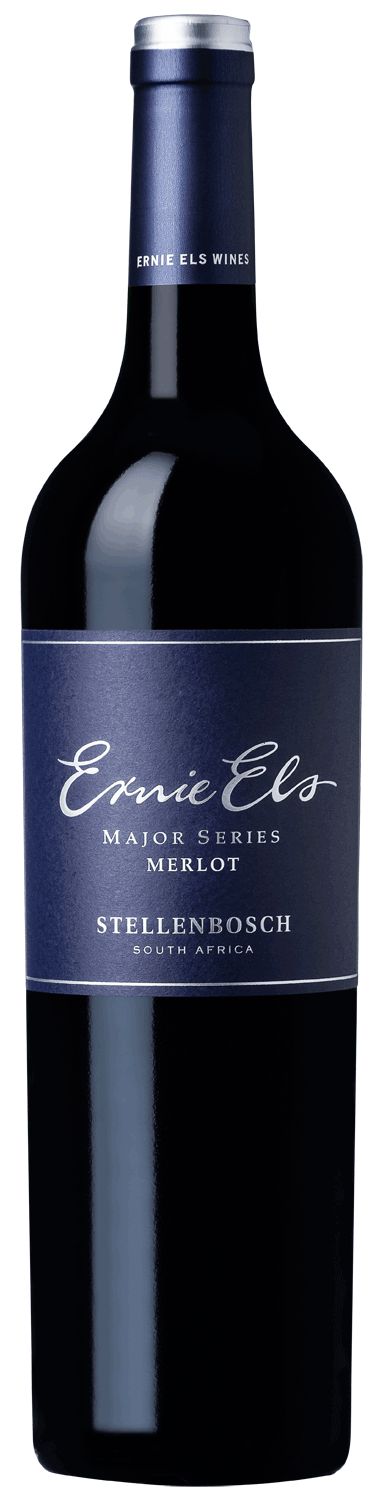 Eine Flasche Ernie Els Major Series Merlot Rotwein aus Stellenbosch, Südafrika, mit dunkelblauem Etikett und silberner Aufschrift.