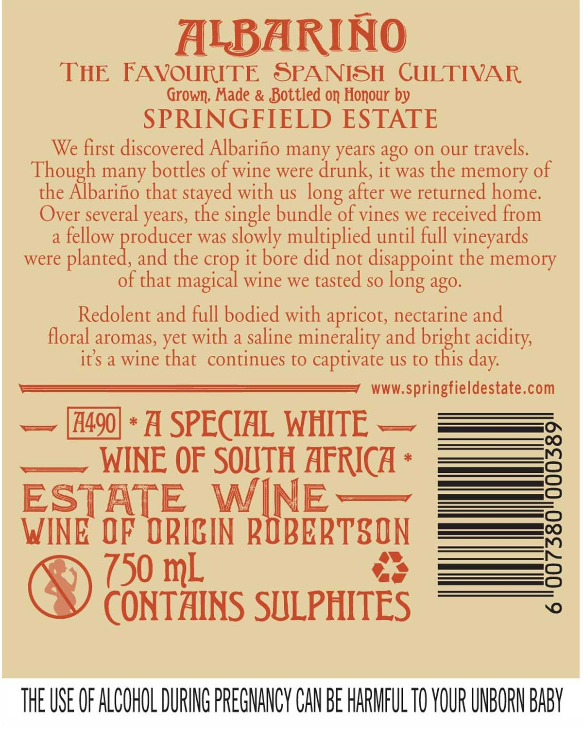 Eine Flasche Albariño-Weißwein von Springfield Estate mit einem Etikett im Vintage-Stil mit roten und beigen Farben, Illustrationen und Text in Spanisch und Englisch.