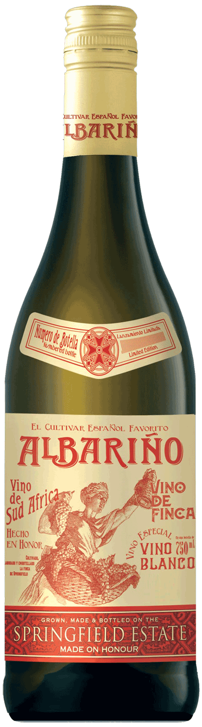 Eine Flasche Albariño-Weißwein von Springfield Estate mit einem Etikett im Vintage-Stil mit roten und beigen Farben, Illustrationen und Text in Spanisch und Englisch.