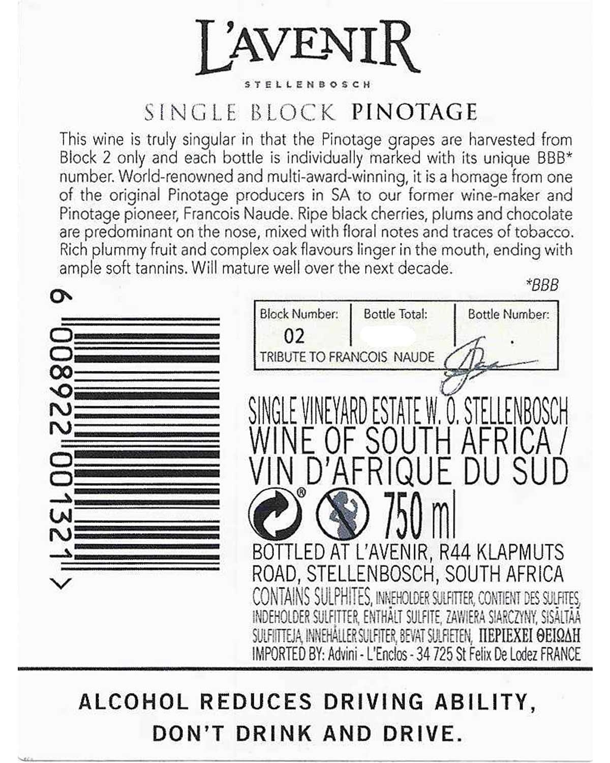 Weinflaschenetikett für L'Avenir Single Block Pinotage, Stellenbosch. Enthält eine Beschreibung, Informationen zum Jahrgang, Barcode, Flaschenvolumen (750 ml), Alkoholwarnung, Angaben zum Hersteller und Zutaten. Der meiste Text ist schwarz auf weißem H