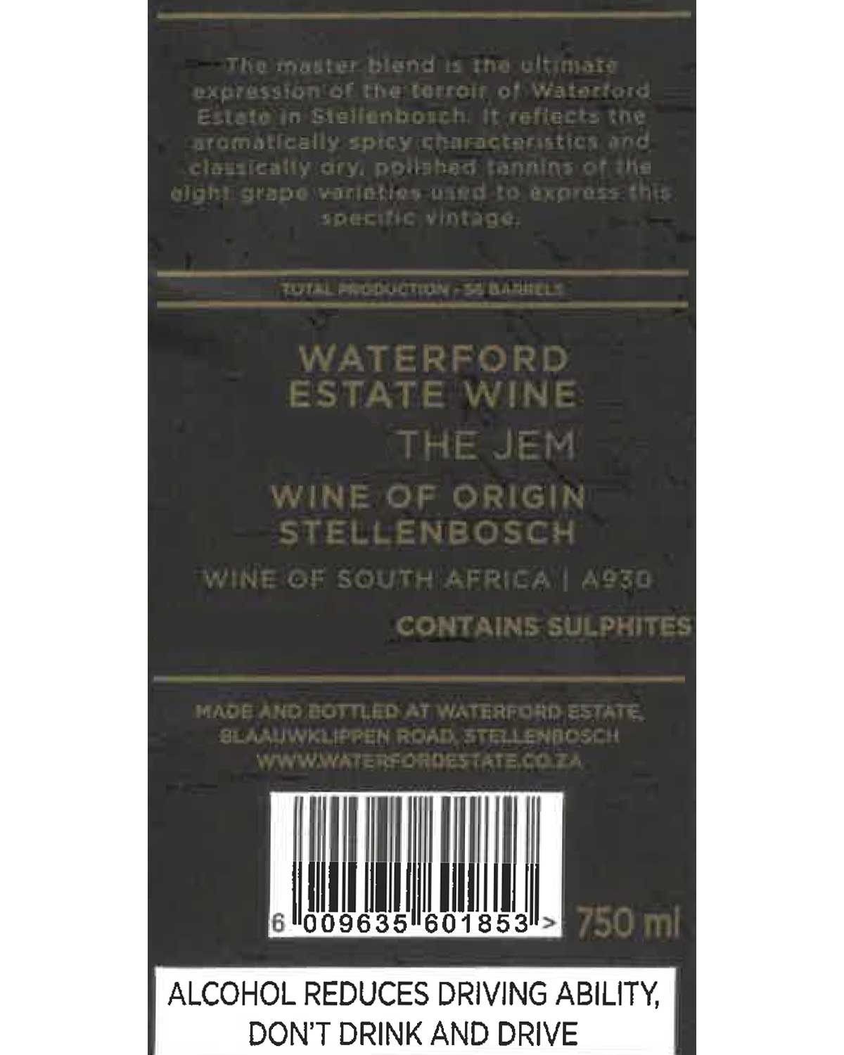 Ein Weinetikett für Waterford Estate Wine The Jem aus Stellenbosch, Südafrika. Das Etikett warnt davor, dass er Sulfite enthält und hat einen Strichcode. Ein Hinweis am unteren Rand lautet: Alkohol vermindert die Fahrtüchtigkeit, nicht trinken und fah