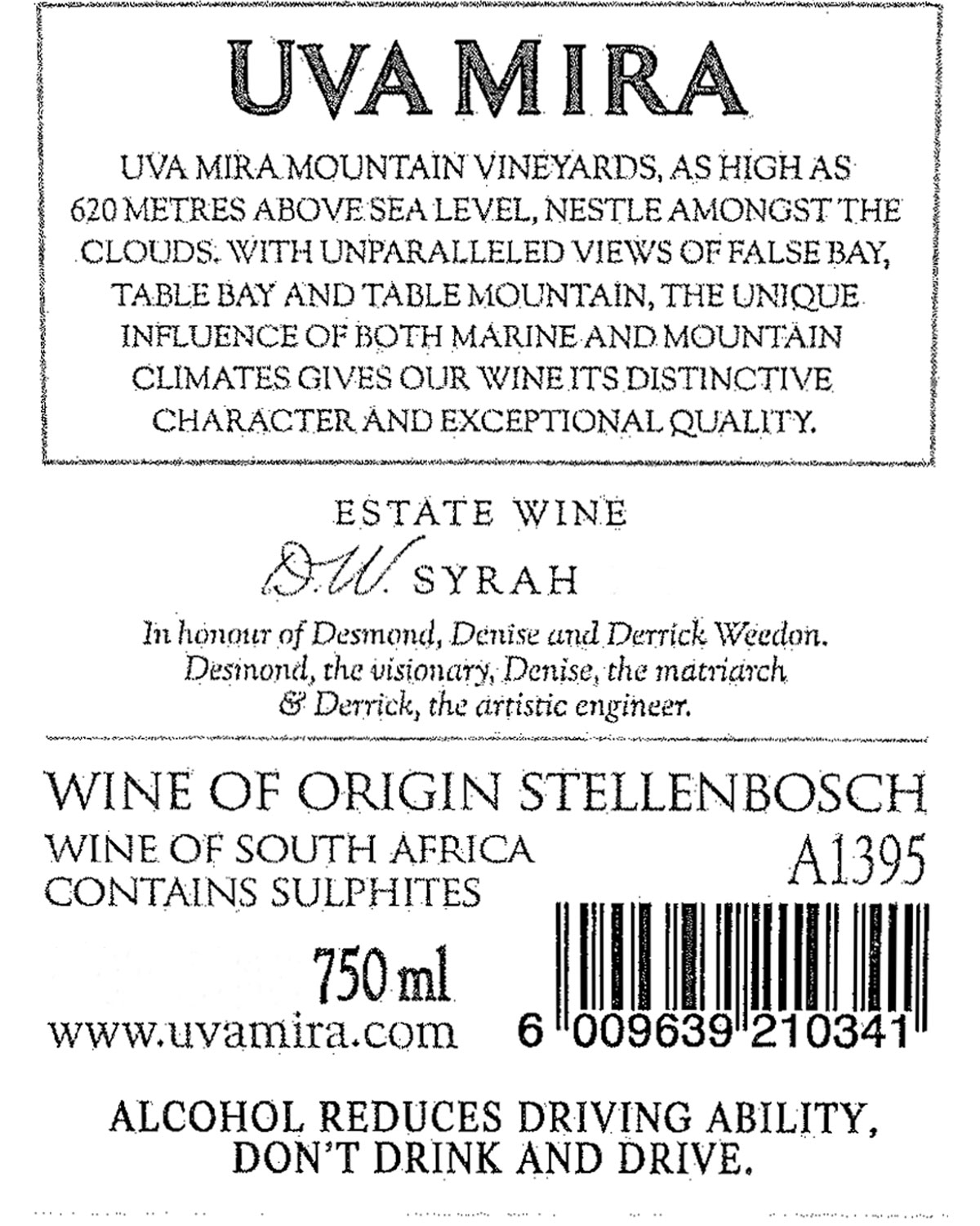 Weinetikett für UVA MIRA Syrah mit der Angabe der Herkunft Stellenbosch, Südafrika. Erwähnt Höhe, einzigartiges Terroir und Meerblick. Enthält Sulfite. Flaschengröße 750 ml. Enthält einen Strichcode und einen Warnhinweis zum Alkoholkonsum.