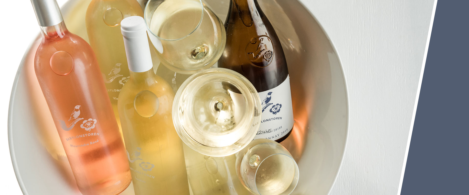 Verschiedene Babylonstoren Weine in einer Schale mit gefüllten Weingläsern