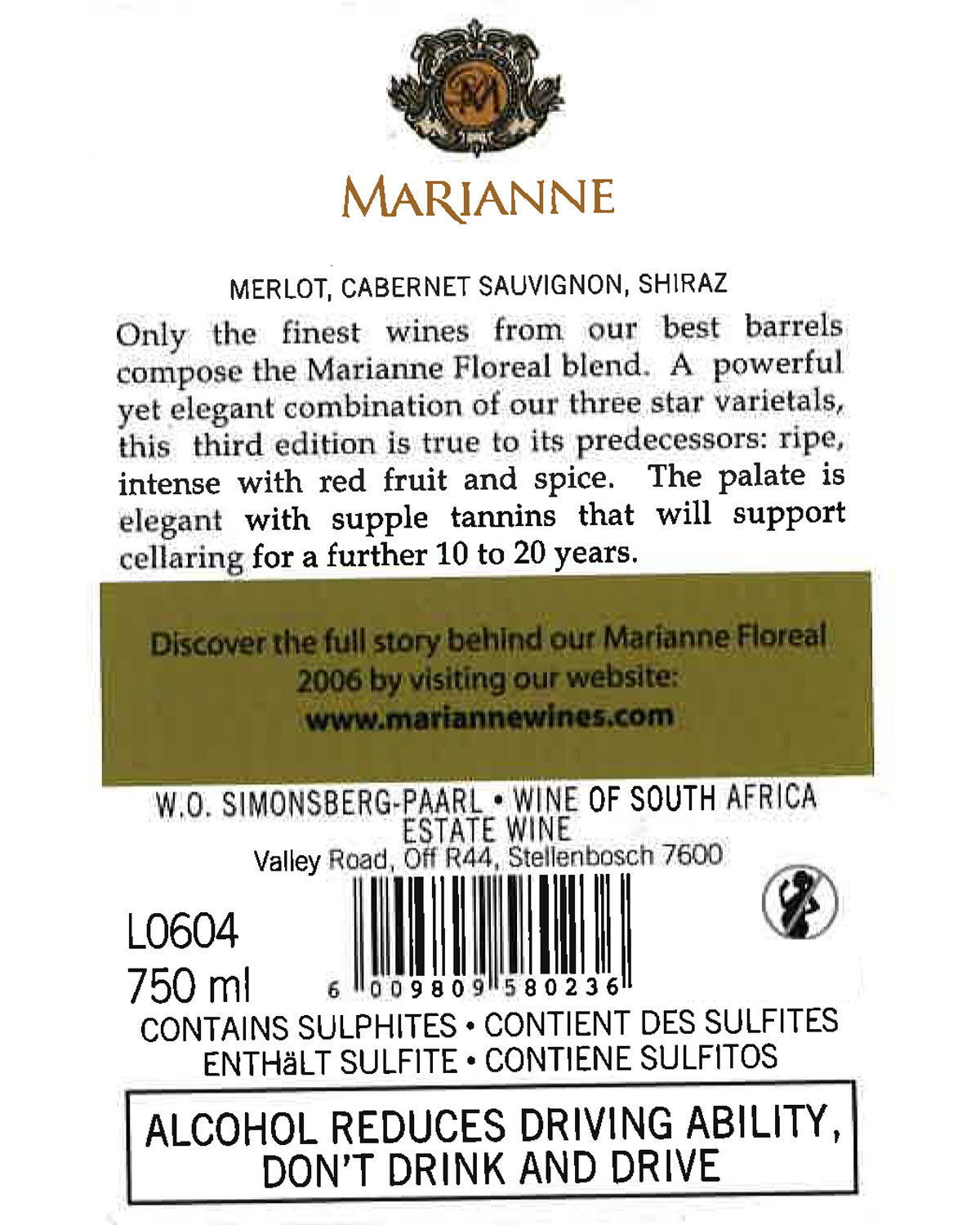 Eine Weinflasche aus dunklem Glas mit einem kastanienbraunen und goldenen Etikett mit der Aufschrift Marianne Germinal und Terroir et Savoir Faire, 2020 Cabernet, Wine of South Africa auf einem schlichten Hintergrund.