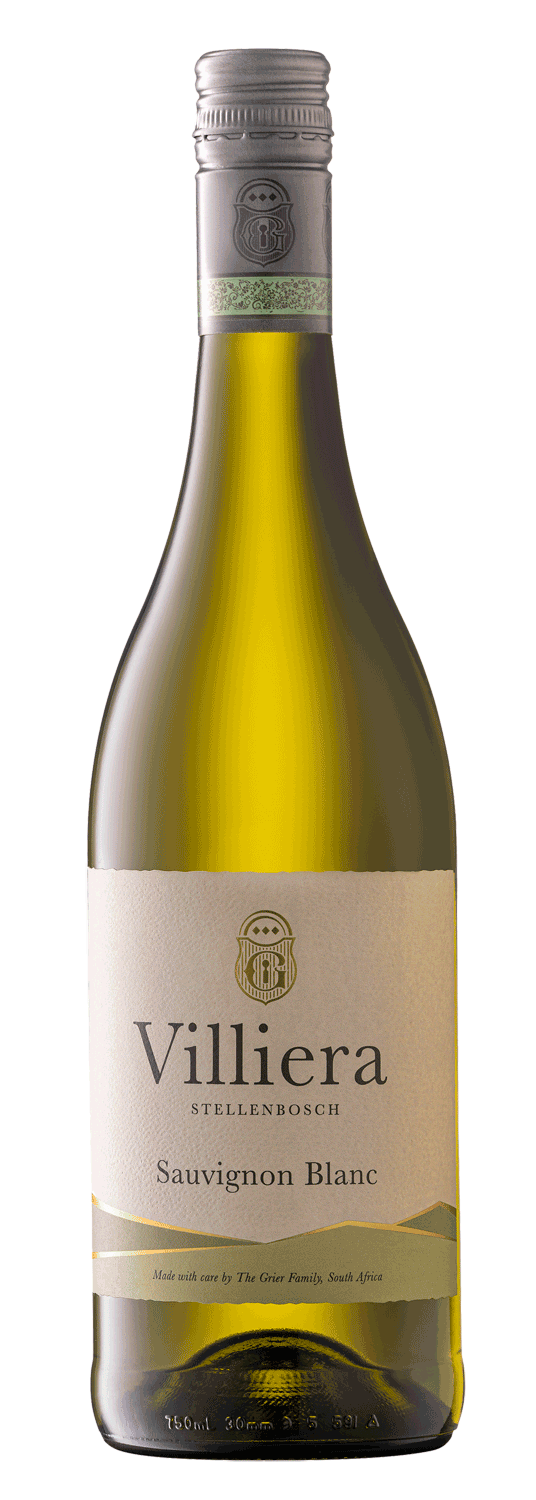 Eine Flasche Villiera Stellenbosch Sauvignon Blanc mit hellgrünem Farbton, silbernem Schraubverschluss und cremefarbenem Etikett mit dem Markennamen und Produktangaben.