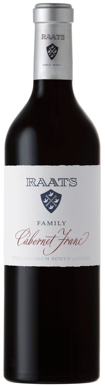 Eine Flasche Raats Family Wines Cabernet Franc aus Stellenbosch, Südafrika, mit weißem Etikett mit blauer und roter Schrift und silbernem Folienverschluss.