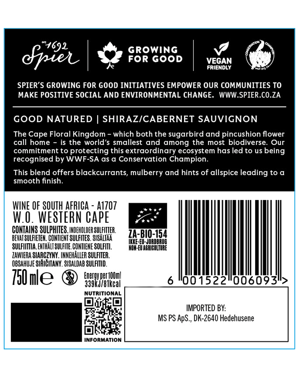 Weinflaschenetikett für Good Natured Shiraz/Cabernet Sauvignon mit Nachhaltigkeitslogos, einer kurzen Weinbeschreibung, Alkoholgehalt (14 %), Barcode sowie Symbolen für Recycling und Veganerfreundlichkeit. Der Text ist größtenteils auf Englisch.