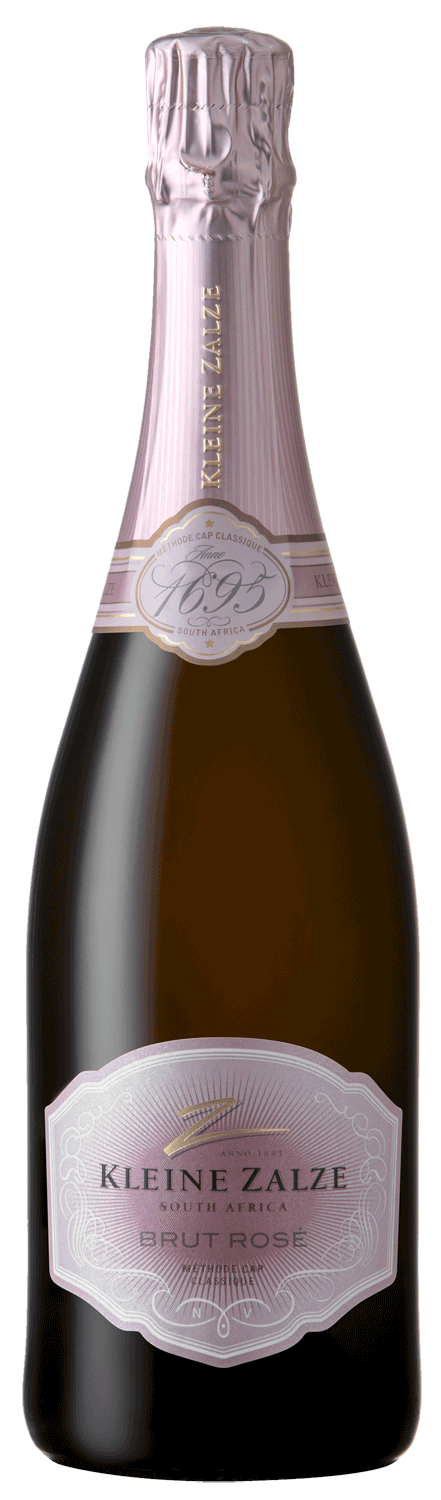 Eine Flasche Kleine Zalze Brut Rosé Sekt aus Südafrika mit einem mit rosa Folie umwickelten Hals und einem dekorativen rosa-weißen Etikett auf einer dunklen Glasflasche.