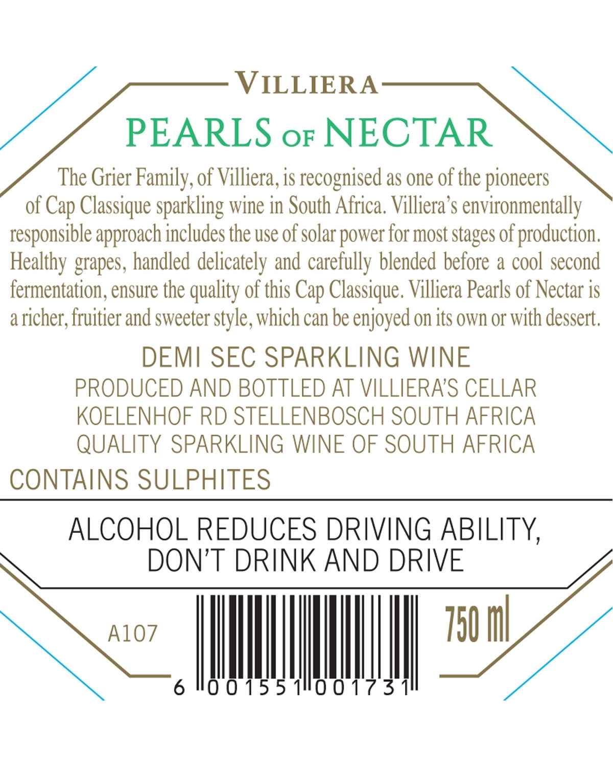 Weinetikett für Villiera Pearls of Nectar Demi Sec Sparkling Wine, mit Angaben zu nachhaltiger Produktion, Herkunft in Stellenbosch, Südafrika, Alkoholwarnung und Volumen von 750 ml. Cremefarbenes und goldenes Design mit grünen Akzenten.