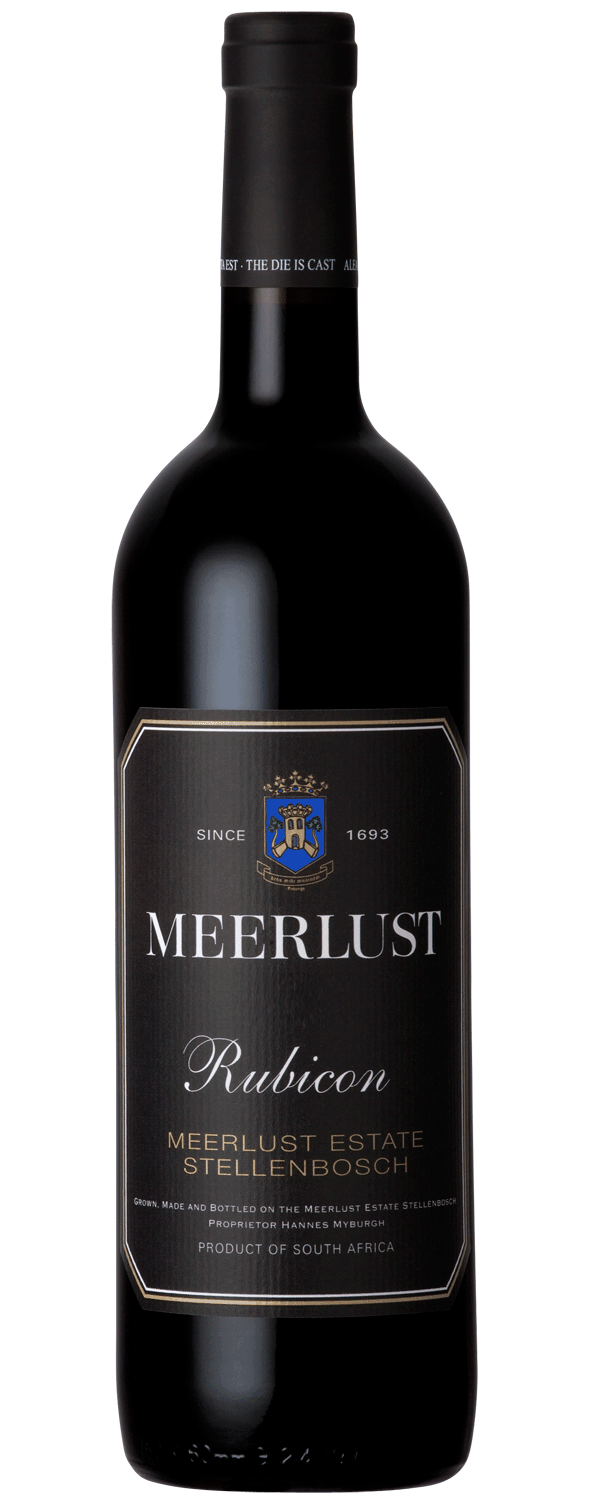 Eine Flasche Meerlust Rubicon Rotwein mit einem schwarzen Etikett mit goldener und weißer Schrift, einem blau-goldenen Wappen und der Aufschrift Meerlust Estate Stellenbosch auf der Vorderseite.