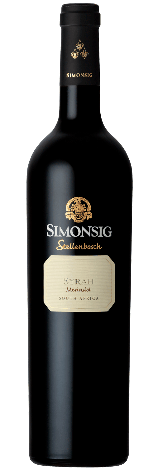 Eine dunkle Weinflasche mit der Aufschrift Simonsig Stellenbosch Syrah Merindol South Africa, mit goldenem Text und einem goldenen Emblem auf der Vorderseite.