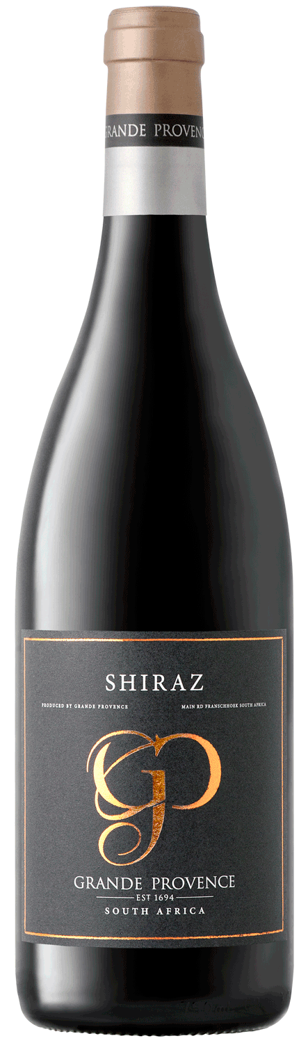 Eine Flasche Grande Provence Shiraz Wein mit schwarzem Etikett, goldener und weißer Schrift und goldenem GP-Logo. Der Hals hat eine braune Folie mit dem Aufdruck GRANDE PROVENCE.