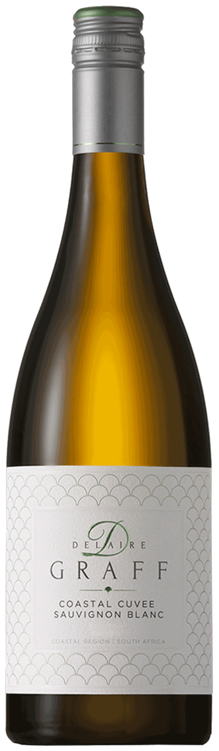Eine Flasche Delaire Graff Coastal Cuvée Sauvignon Blanc mit einem silbernen Verschluss und einem weißen, gemusterten Etikett mit dem Markennamen und den Angaben zum Wein.