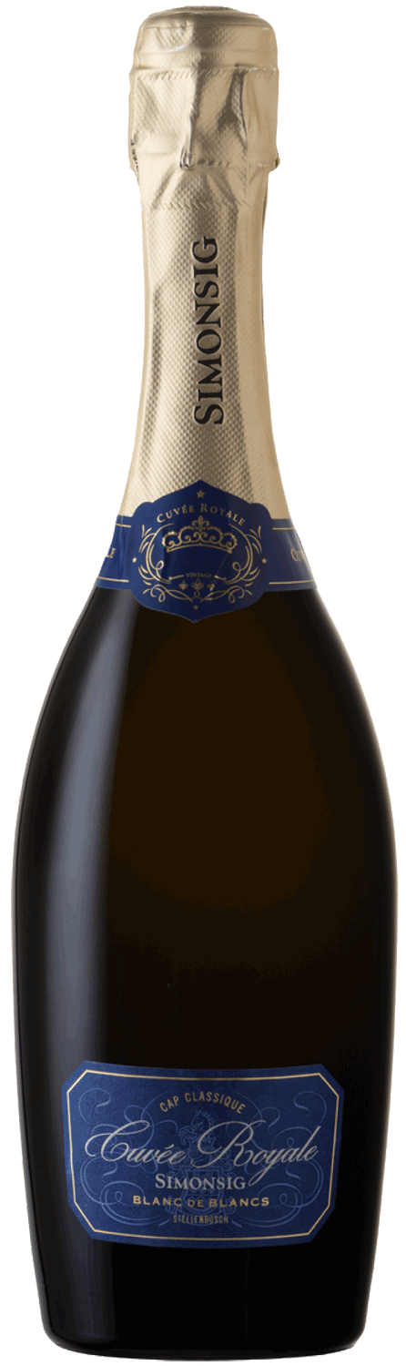 Eine Flasche Sekt mit Goldfolie und blauem Etikett, auf dem Simonsig Cuvée Royale Blanc de Blancs Cap Classique steht.