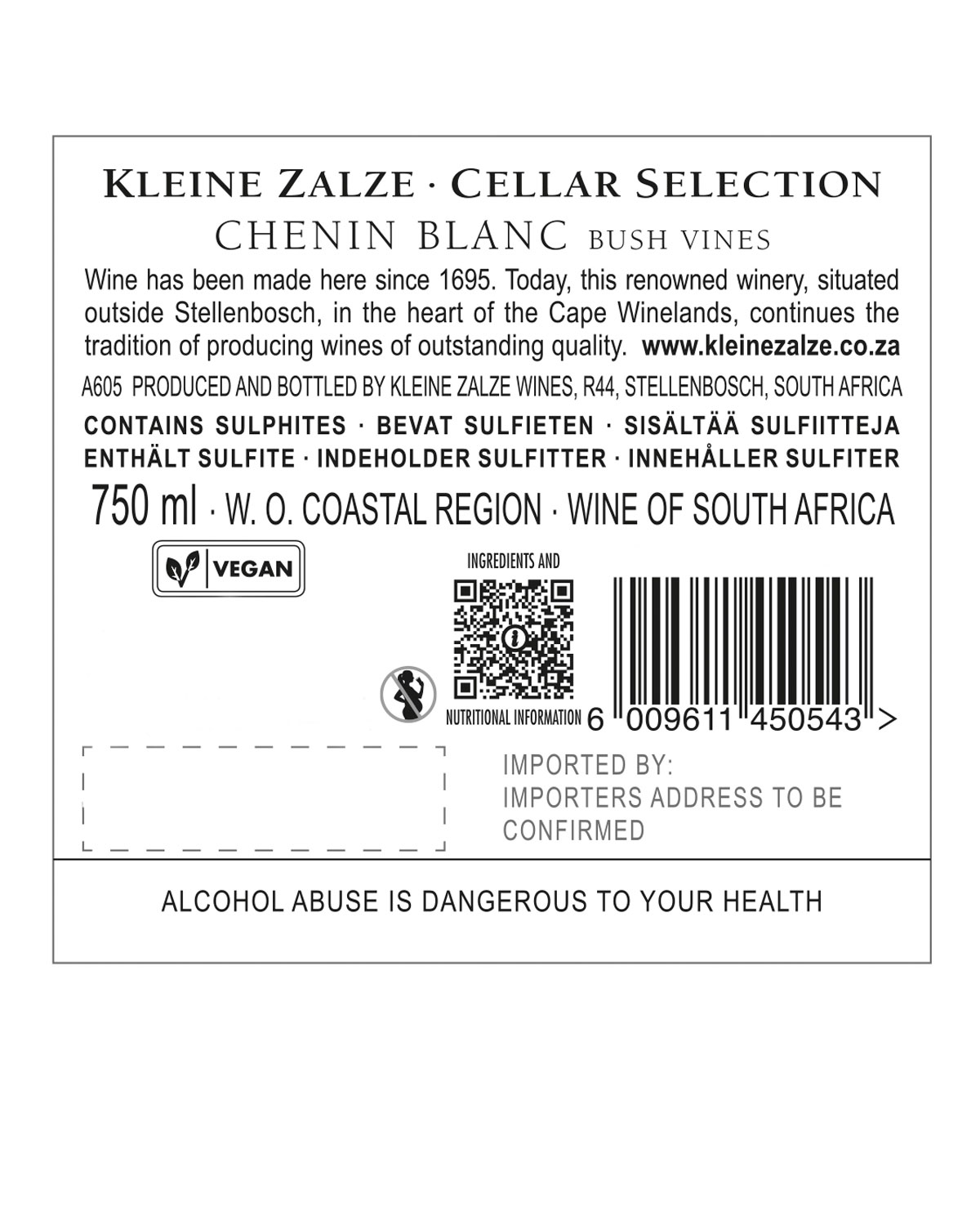 Eine Flasche Kleine Zalze Cellar Selection Chenin Blanc Weißwein aus Südafrika, mit einer hellen grünlich-gelben Farbe mit einem goldenen Schraubverschluss und einem weißen Etikett mit der Marke und Wein Details.