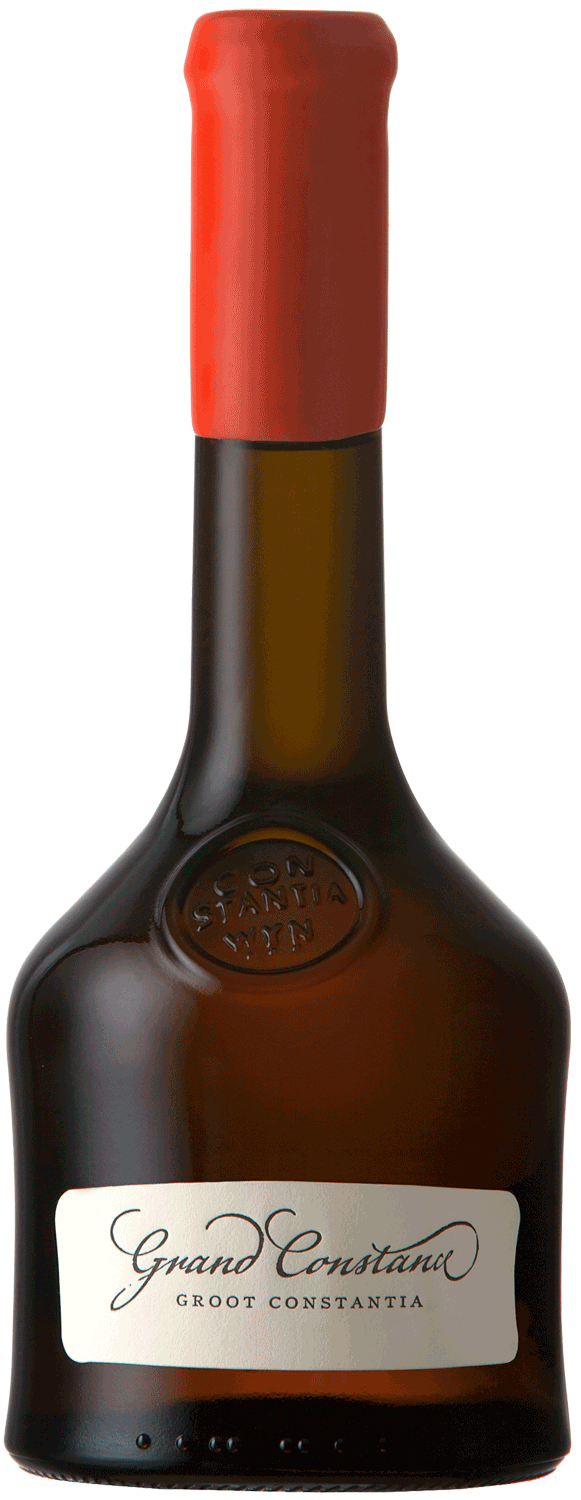 Flasche aus dunklem Glas mit breitem Boden und schmalem Hals, mit rotem Wachs versiegelt, mit weißem Etikett mit der Aufschrift Grand Constance Groot Constantia.