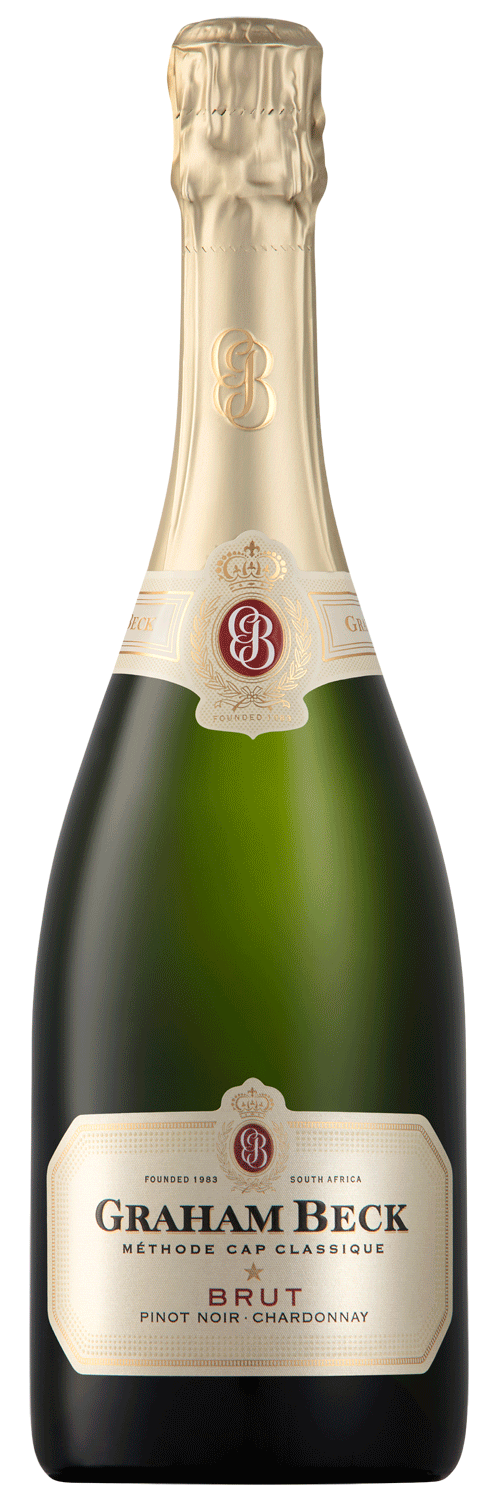 Eine Flasche Graham Beck Brut Schaumwein mit einem Hals aus Goldfolie und einem cremefarbenen Etikett mit roten und goldenen Akzenten. Auf dem Etikett steht, dass es sich um einen südafrikanischen Wein aus Pinot Noir und Chardonnay handelt.