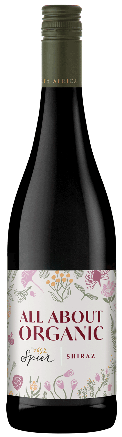 Eine Flasche Spier All About Organic Shiraz aus dunklem Glas mit grünem Verschluss und weißem Etikett mit rosa Blumenmotiven und fettem Text.