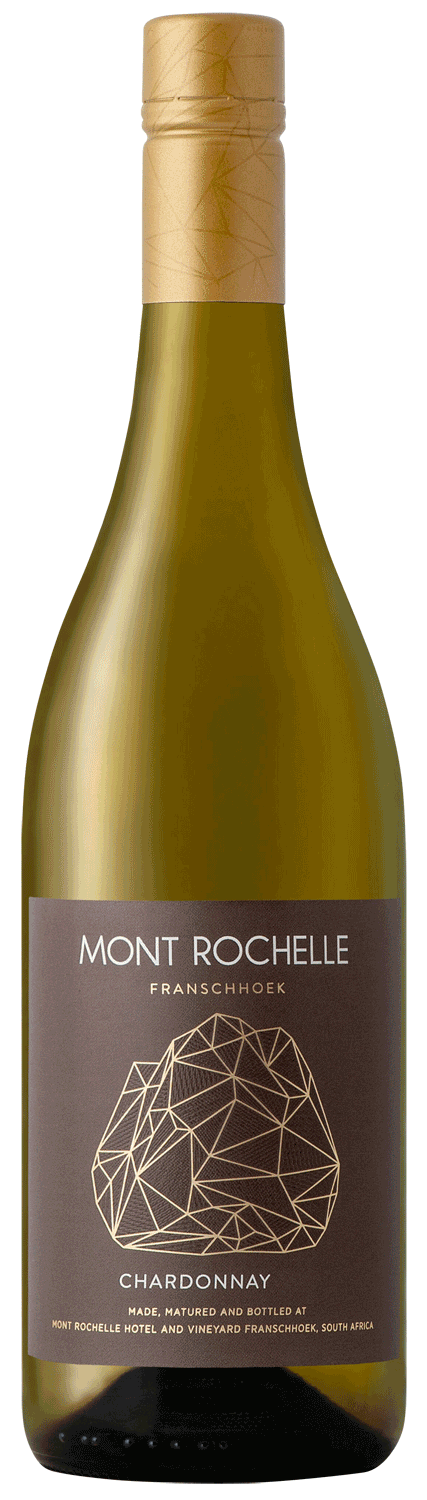 Eine Flasche Mont Rochelle Franschhoek Chardonnay mit einem goldenen Schraubverschluss und einem dunkelbraunen Etikett mit einer geometrischen Illustration und goldener Schrift.