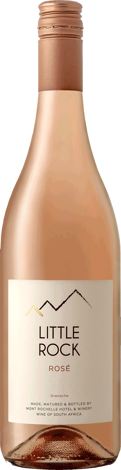 Eine Flasche Little Rock Rosé-Wein in hellem Rosa mit Schraubverschluss und cremefarbenem Etikett, auf dem der Markenname, eine Berggrafik und Angaben zum Wein stehen.